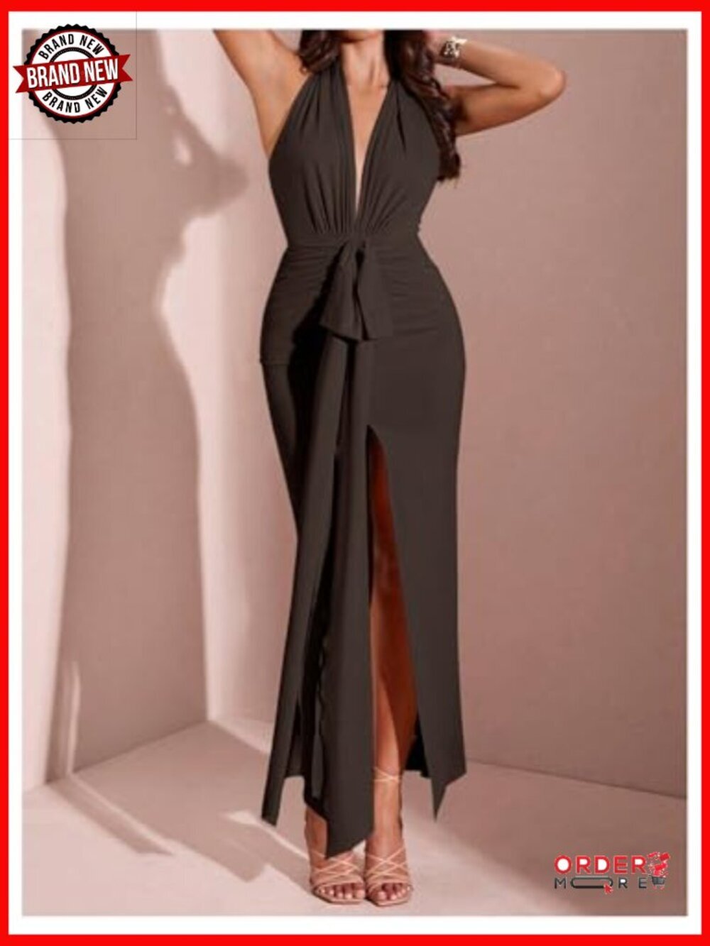 Deep V Neck Halter Maxi Dress with Bow Tie Front Split - Picture 5 of 5